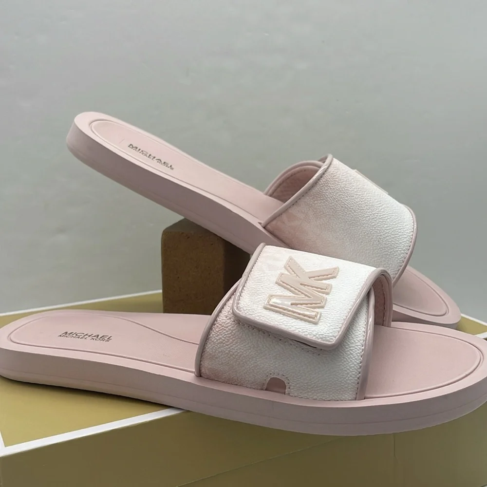 Michael Kors Slide Logo Sandals Palmer Ombré Signature Powder Blush Multi  NWT